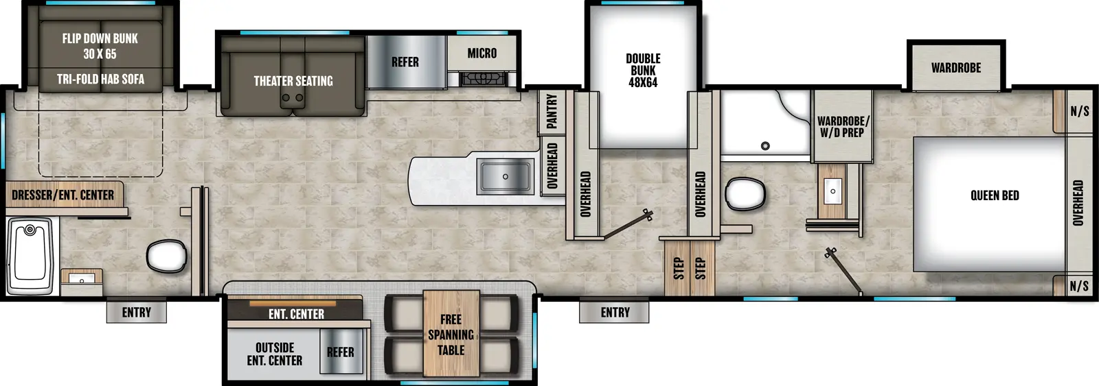 The Phoenix 373MBRB floorplan has two entries and five slide outs. Exterior features include: fiberglass exterior, 13' awning,  outside entertainment and outside kitchen. Interiors features include: bunk beds, free-standing dinette option, front bedroom and two full bathrooms.